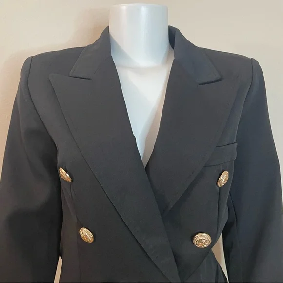Black lapel collar women's blazer with metal buttons decor - Picture 3 of 11